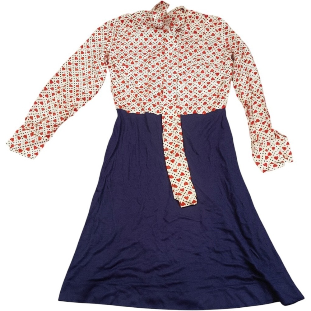 Vintage Heart Print Midi Dress Womens M Navy Blue Red Retro 70s 80s